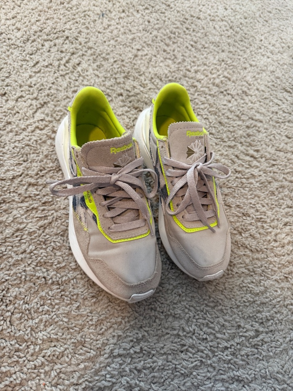 Reebok Taupe and Neon Yellow-Green Women's Sneakers with Animal Print